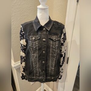 John Mark Distressed Denim Jacket With Knit Sleeves, Size Medium